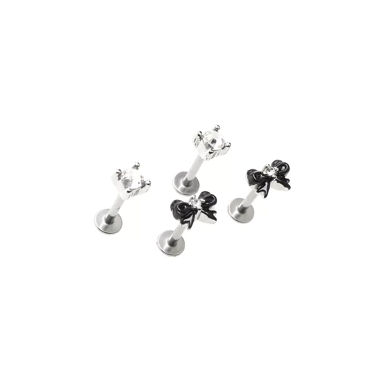 Multi-Pack Clear CZ and Black Bow Labret Rings 4 Pack - 16 Gauge