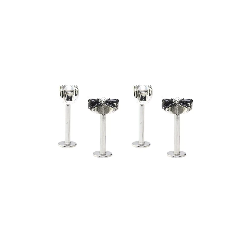 Multi-Pack Clear CZ and Black Bow Labret Rings 4 Pack - 16 Gauge