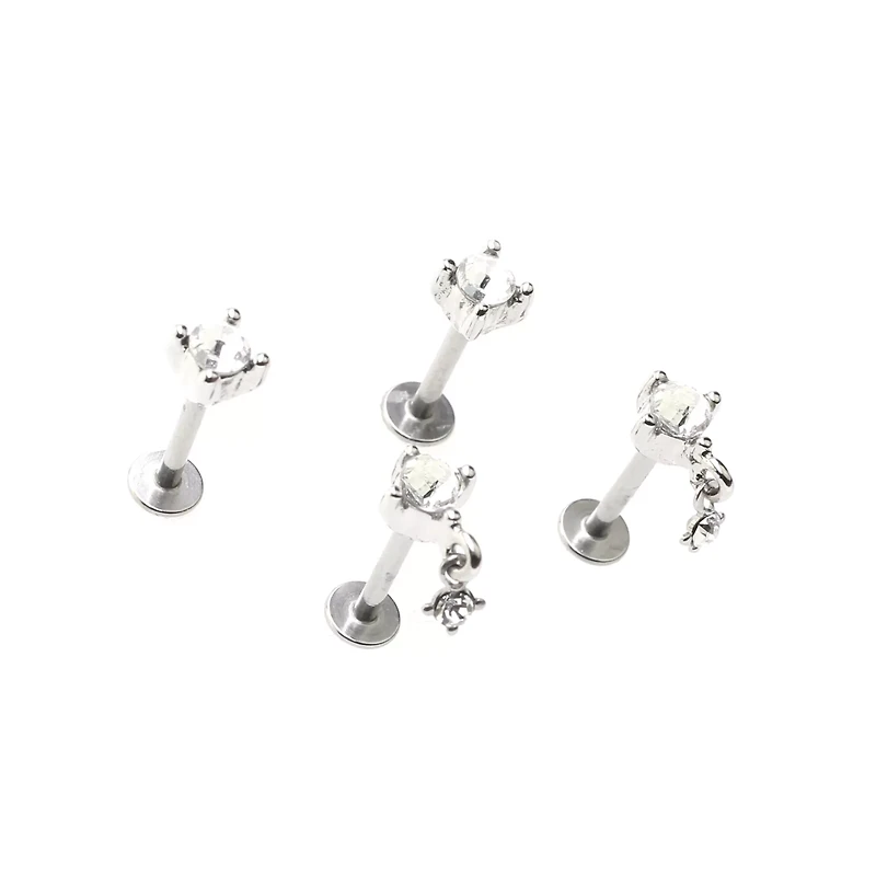 Multi-Pack Clear CZ Square Dangle Labret Rings 4 Pack - 16 Gauge