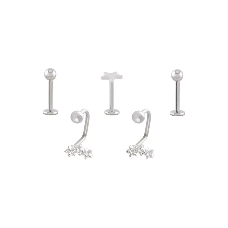 Multi-Pack CZ Star Labret and Lippy Loop Lip Rings 5 Pack - 16 Gauge