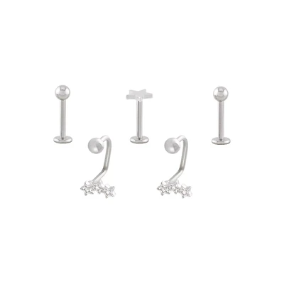 Multi-Pack CZ Star Labret and Lippy Loop Lip Rings 5 Pack - 16 Gauge