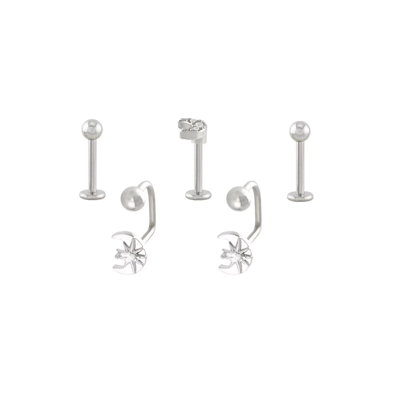 Multi-Pack CZ Moon Labret and Lippy Loop Lip Rings 5 Pack - 16 Gauge