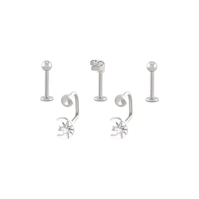 Multi-Pack CZ Moon Labret and Lippy Loop Lip Rings 5 Pack - 16 Gauge