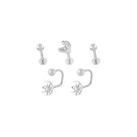 Multi-Pack CZ Moon Labret and Lippy Loop Lip Rings 5 Pack - 16 Gauge