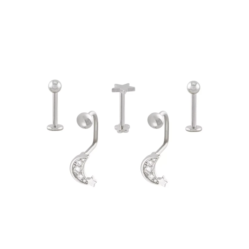 Multi-Pack CZ Star Moon Labret and Lippy Loop Lip Rings 5 Pack - 16 Gauge