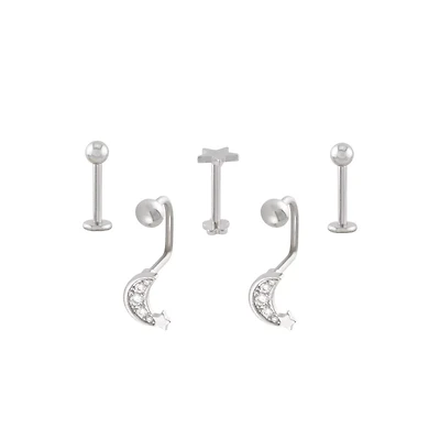 Multi-Pack CZ Star Moon Labret and Lippy Loop Lip Rings 5 Pack - 16 Gauge