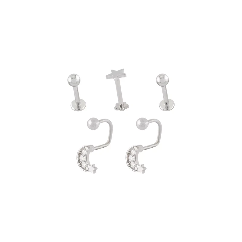 Multi-Pack CZ Star Moon Labret and Lippy Loop Lip Rings 5 Pack - 16 Gauge