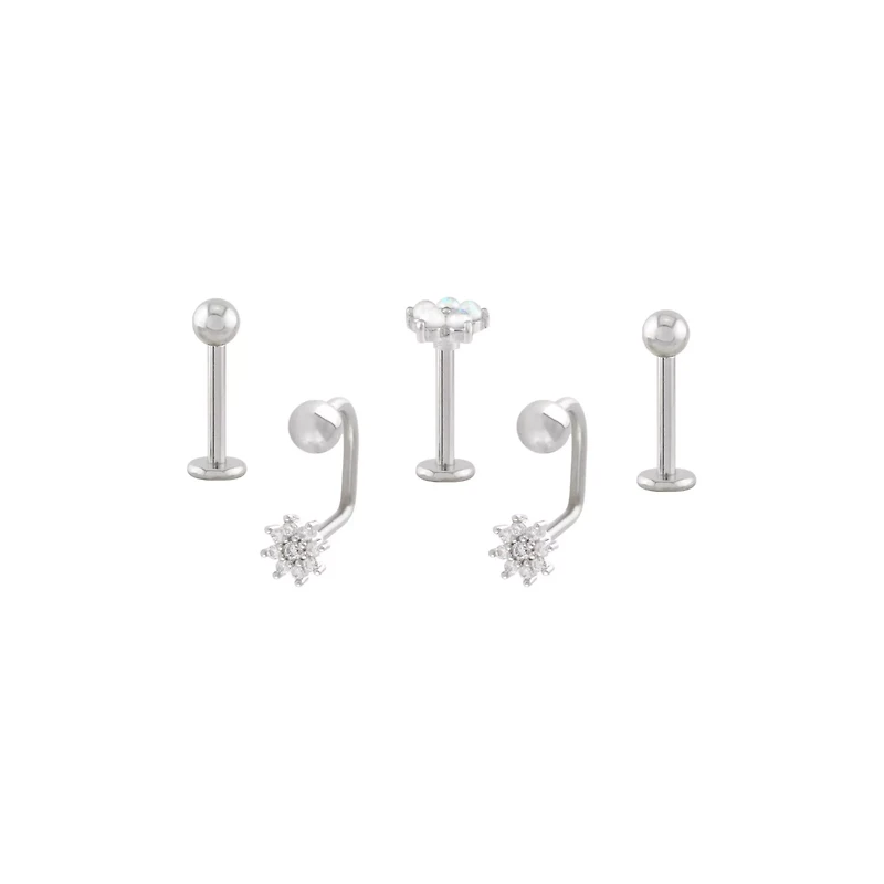 Multi-Pack CZ Opal-Effect Flower Labret and Lippy Loop Lip Rings 5 Pack - 16 Gauge