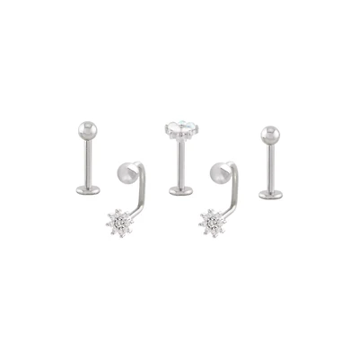 Multi-Pack CZ Opal-Effect Flower Labret and Lippy Loop Lip Rings 5 Pack - 16 Gauge