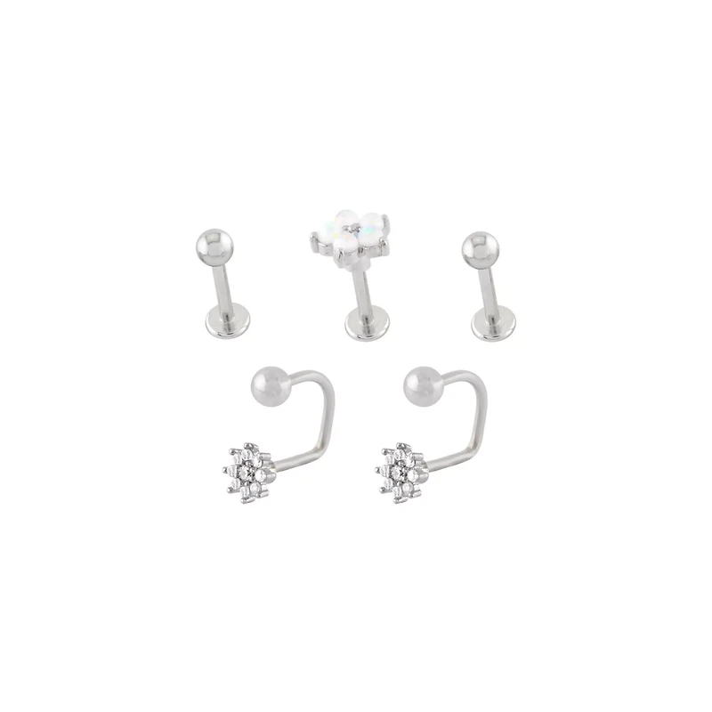Multi-Pack CZ Opal-Effect Flower Labret and Lippy Loop Lip Rings 5 Pack - 16 Gauge