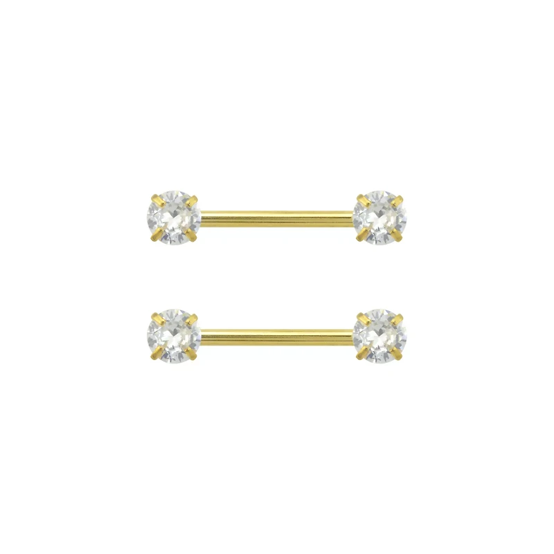 Clear CZ 14K Gold-Plated Nipple Barbells - 14 Gauge
