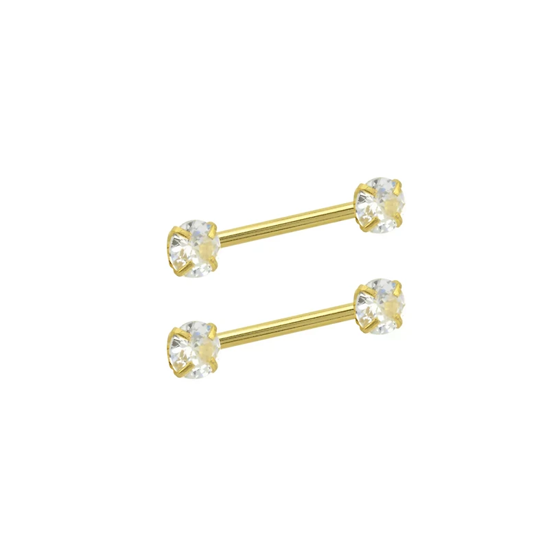 Clear CZ 14K Gold-Plated Nipple Barbells - 14 Gauge