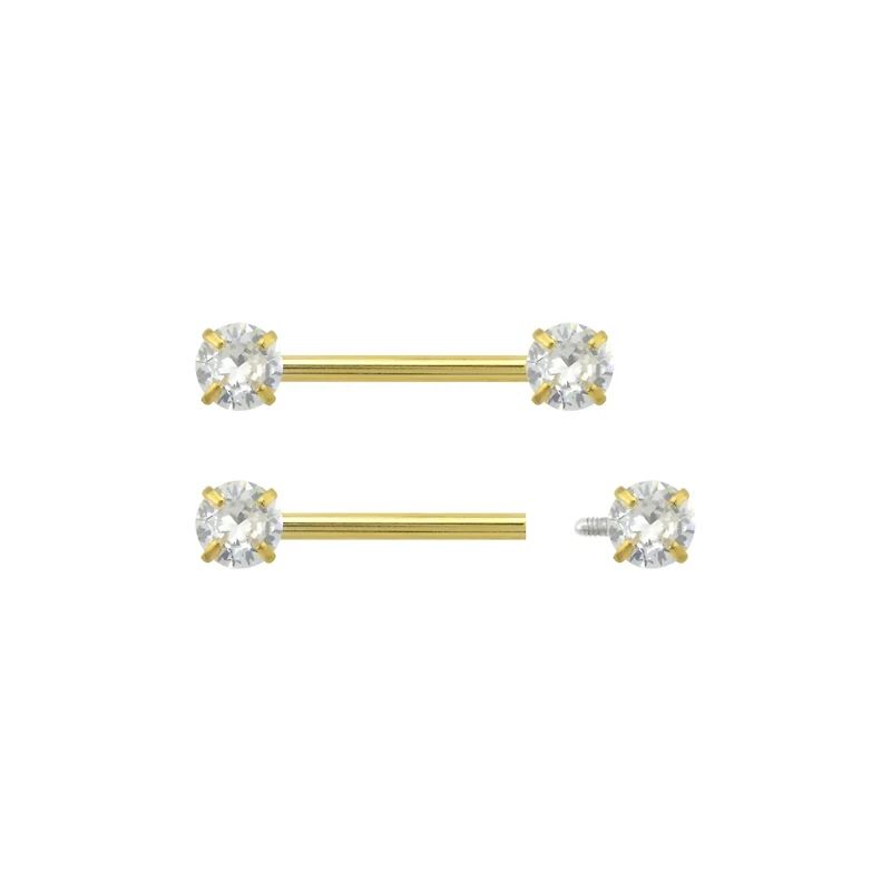 Clear CZ 14K Gold-Plated Nipple Barbells - 14 Gauge