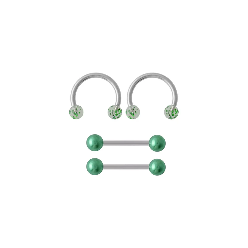 Multi-Pack Green Marble Nipple Barbells and Horseshoe Rings 2 Pairs - 14 Gauge