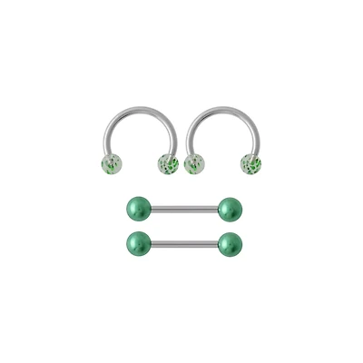 Multi-Pack Green Marble Nipple Barbells and Horseshoe Rings 2 Pairs - 14 Gauge