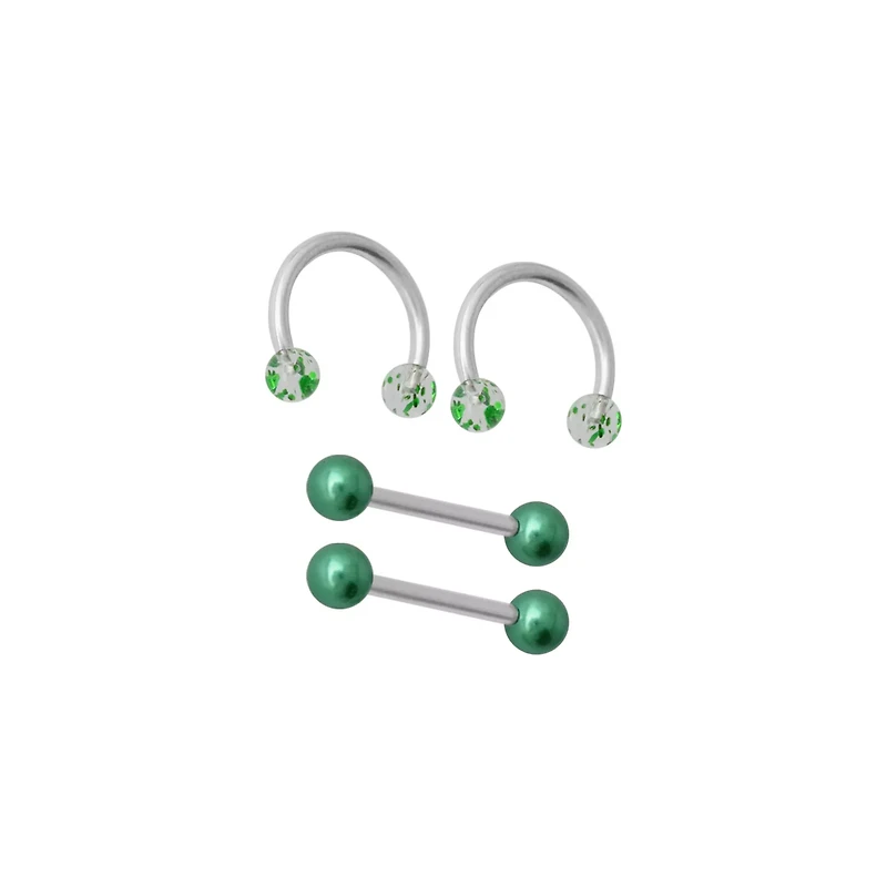 Multi-Pack Green Marble Nipple Barbells and Horseshoe Rings 2 Pairs - 14 Gauge