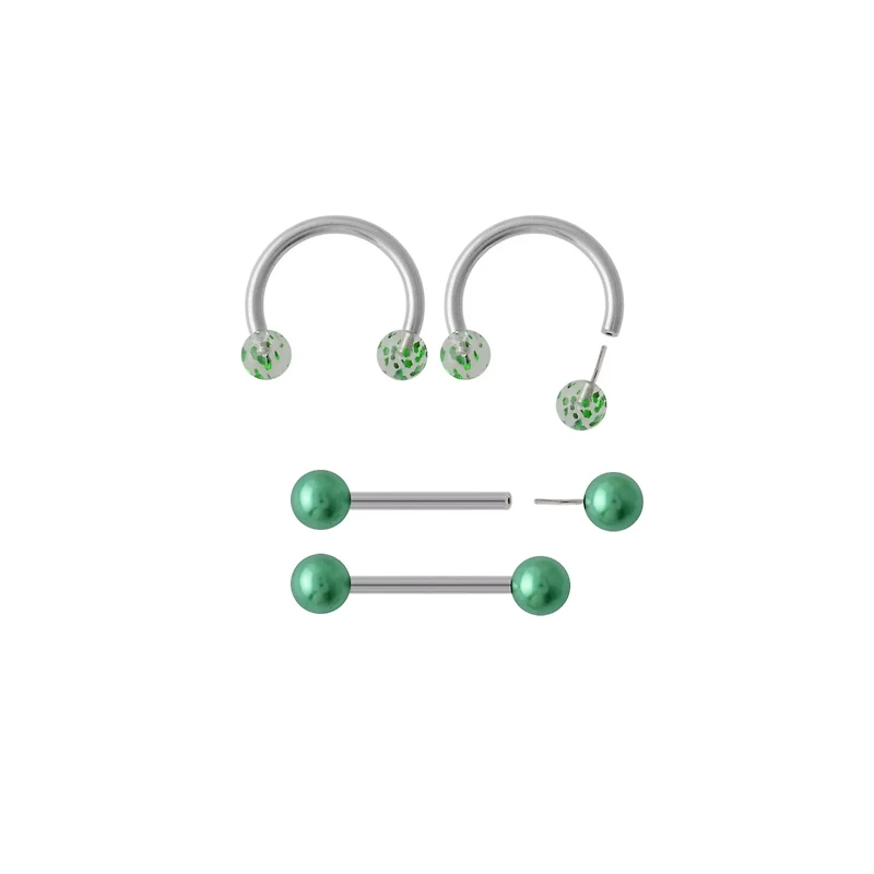 Multi-Pack Green Marble Nipple Barbells and Horseshoe Rings 2 Pairs - 14 Gauge