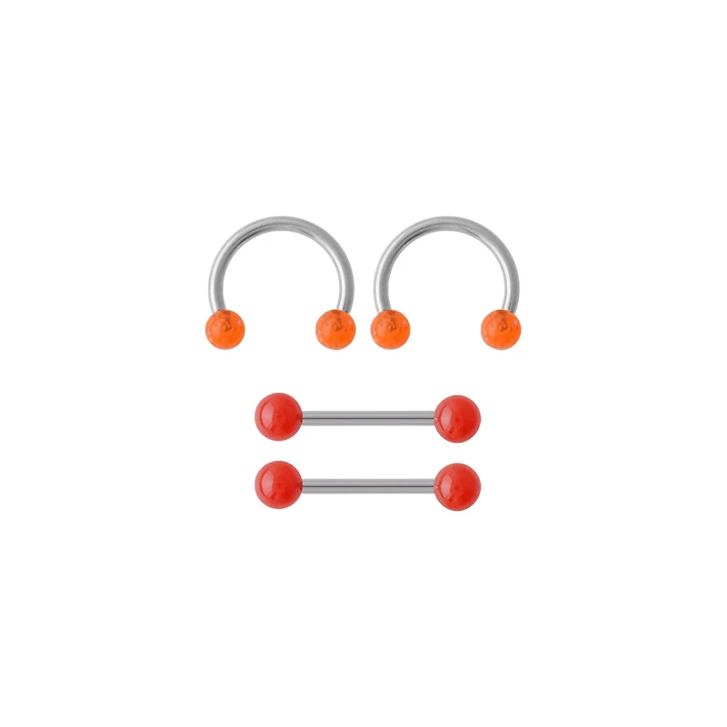 Multi-Pack Orange and Red Shimmer Nipple Barbells and Horseshoe Rings 2 Pairs - 14 Gauge
