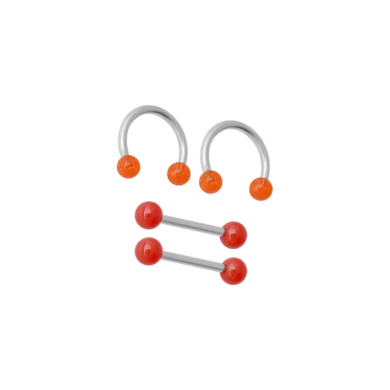 Multi-Pack Orange and Red Shimmer Nipple Barbells and Horseshoe Rings 2 Pairs - 14 Gauge