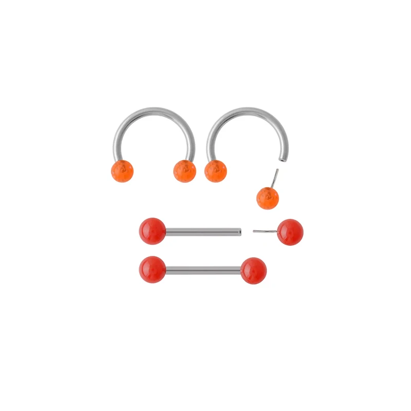 Multi-Pack Orange and Red Shimmer Nipple Barbells and Horseshoe Rings 2 Pairs - 14 Gauge