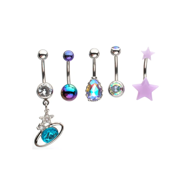 Multi-Pack CZ Space Silver-Plated Belly Rings 5 Pack - 14 Gauge