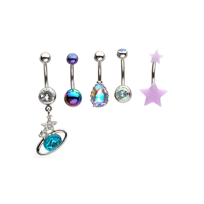 Multi-Pack CZ Space Silver-Plated Belly Rings 5 Pack - 14 Gauge