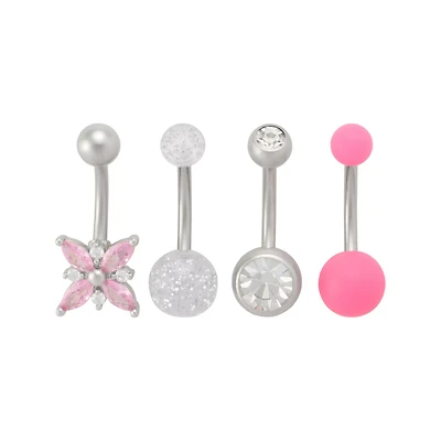 Multi-Pack Pink CZ Flower Glitter Belly Rings 4 Pack - 14 Gauge