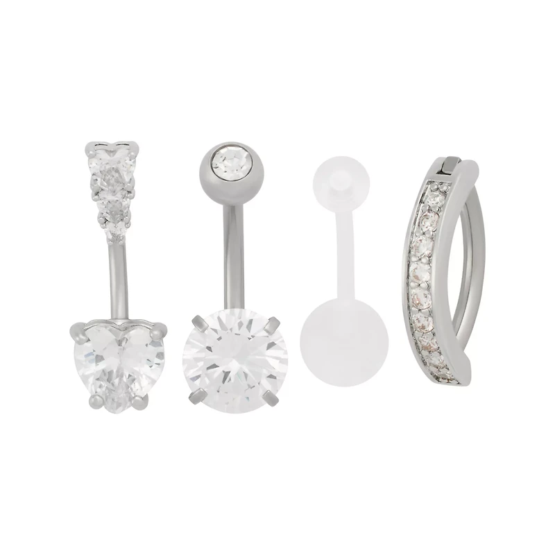 Multi-Pack CZ Heart and Bar Belly Rings 4 Pack - 14 Gauge