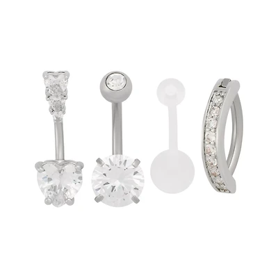 Multi-Pack CZ Heart and Bar Belly Rings 4 Pack - 14 Gauge
