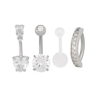 Multi-Pack CZ Heart and Bar Belly Rings 4 Pack - 14 Gauge