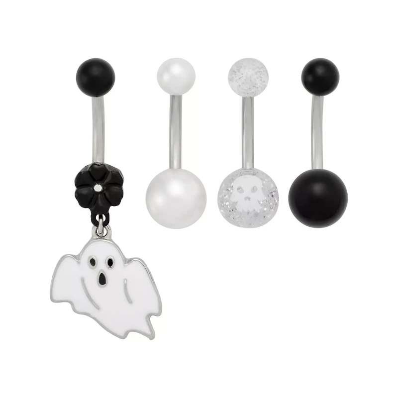 Multi-Pack Black and White Ghost Belly Rings 4 Pack - 14 Gauge