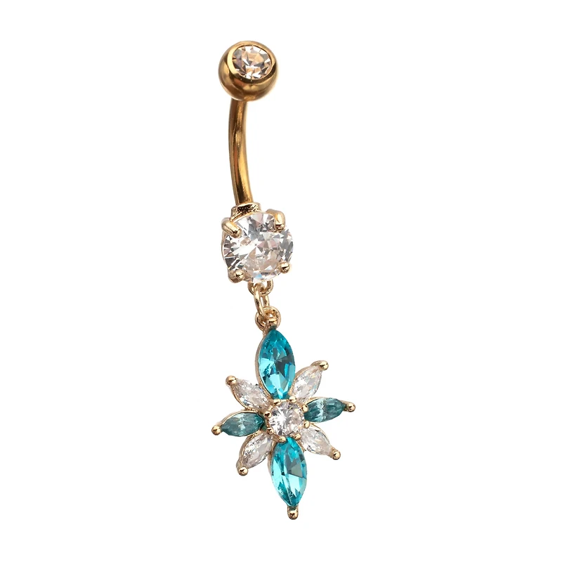 Clear and Blue CZ Flower Gold-Plated Dangle Belly Ring - 14 Gauge
