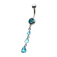Blue CZ Teardrop Silver-Plated Dangle Belly Ring - 14 Gauge
