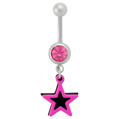 CZ Pink and Black Star Dangle Belly Ring - 14 Gauge