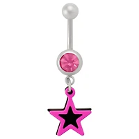 CZ Pink and Black Star Dangle Belly Ring - 14 Gauge