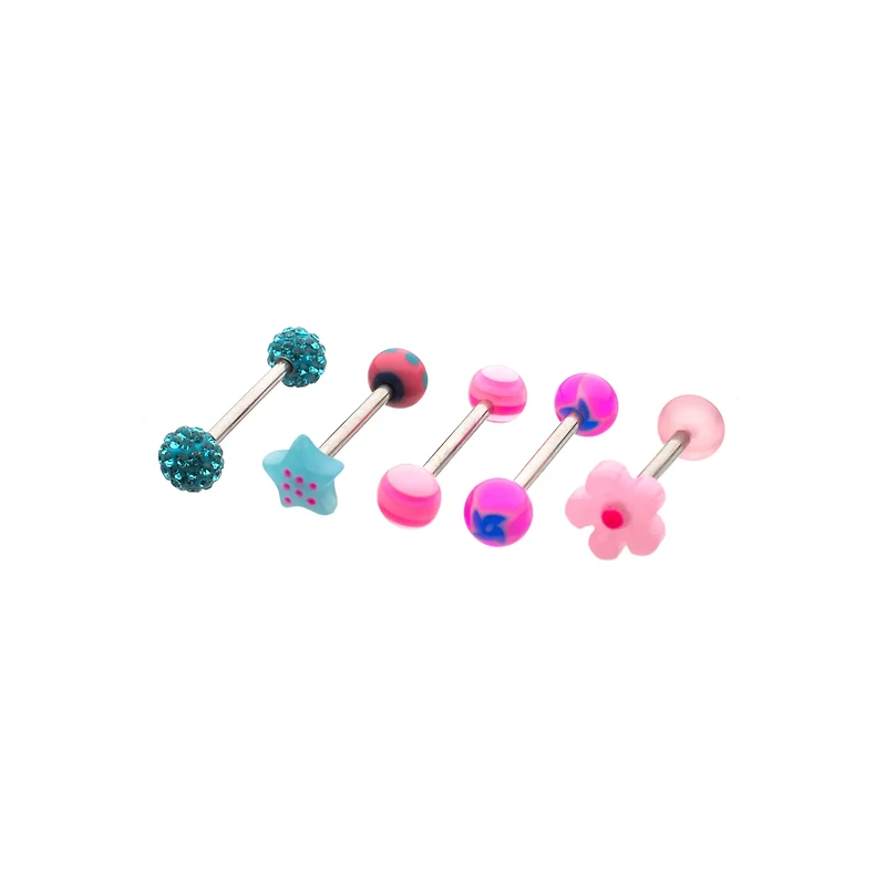 Multi-Pack Blue and Pink Novelty Charm Silver-Tone Barbells 5 Pack - 14 Gauge