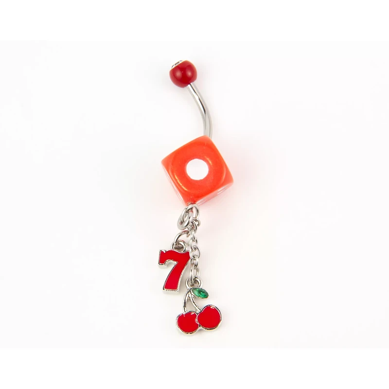 Red CZ Casino Dangle Belly Ring - 14 Gauge