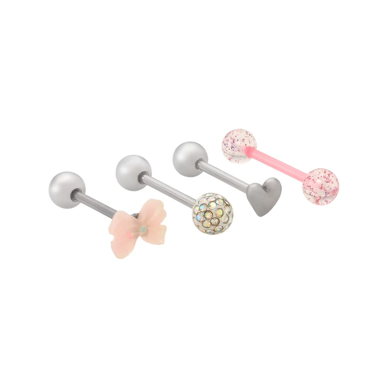 Multi-Pack Iridescent CZ Bow Heart Pink and Silver-Tone Tongue Barbells 4 Pack - 14 Gauge