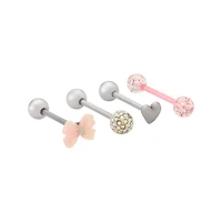 Multi-Pack Iridescent CZ Bow Heart Pink and Silver-Tone Tongue Barbells 4 Pack - 14 Gauge