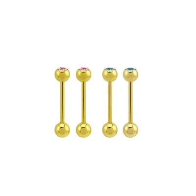 Multi-Pack Multi-Color CZ Gold-Plated Barbells 4 Pack - 14 Gauge