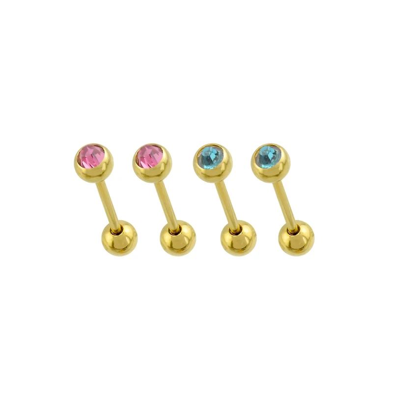Multi-Pack Multi-Color CZ Gold-Plated Barbells 4 Pack - 14 Gauge