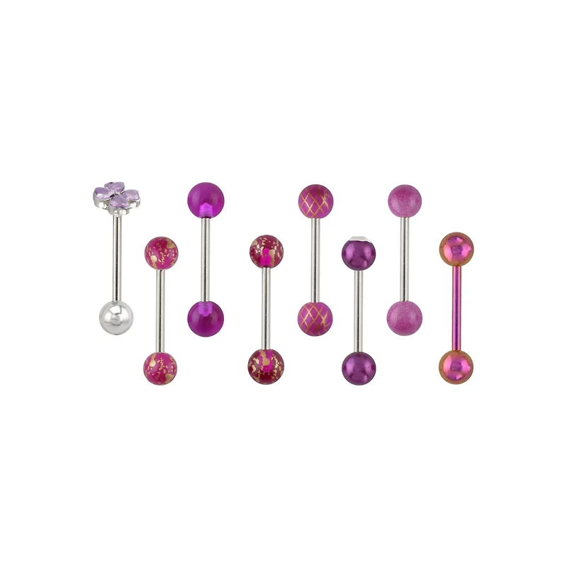 Multi-Pack CZ Flower Pink and Purple Barbells 8 Pack - 14 Gauge