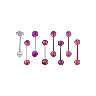 Multi-Pack CZ Flower Pink and Purple Barbells 8 Pack - 14 Gauge