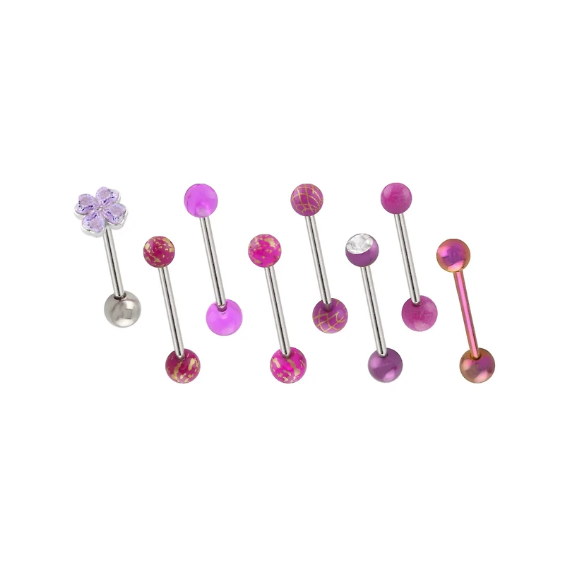 Multi-Pack CZ Flower Pink and Purple Barbells 8 Pack - 14 Gauge