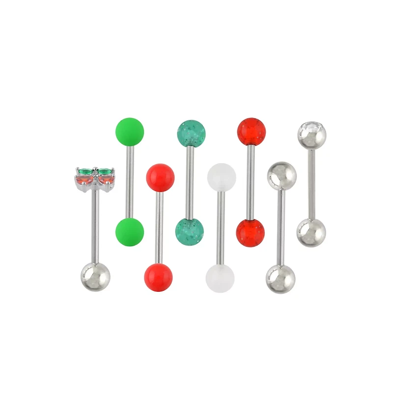 Multi-Pack CZ Green and Red Cherry Barbells 8 Pack - 14 Gauge