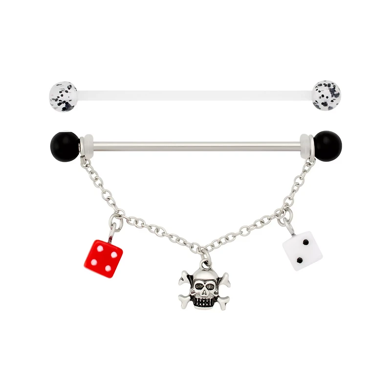 Multi-Pack Skull and Dice Charm Industrial Barbells - 14 Gauge