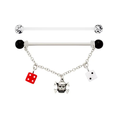 Multi-Pack Skull and Dice Charm Industrial Barbells - 14 Gauge