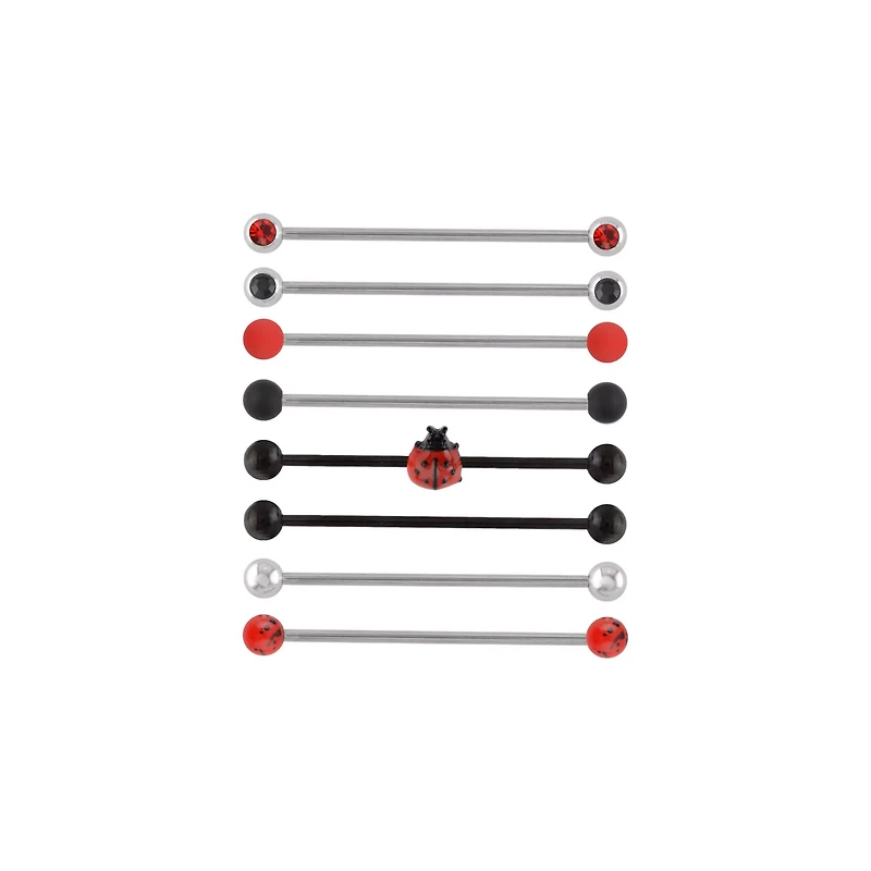 Multi-Pack Black and Red CZ Ladybug Silver-Tone Industrial Barbells 8 Pack - 14 Gauge