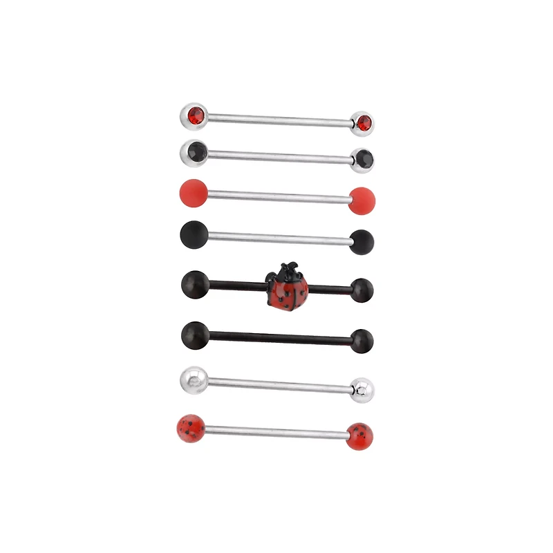Multi-Pack Black and Red CZ Ladybug Silver-Tone Industrial Barbells 8 Pack - 14 Gauge