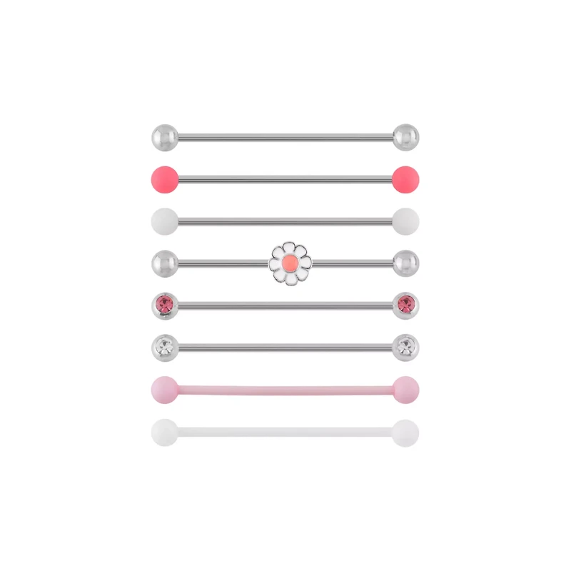 Multi-Pack Pink and Clear CZ Daisy Silver-Tone Industrial Barbells 8 Pack - 14 Gauge
